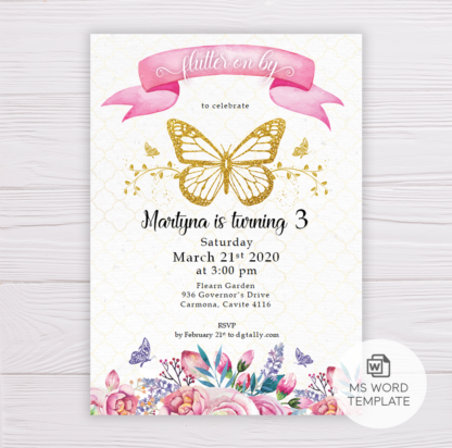 Gold Butterfly Invitation Template with Watercolor Pink Flowers