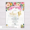 Gold Fairy Invitation Template with Colorful Watercolor Flowers/Floral