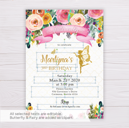Gold Fairy Invitation Template with Colorful Watercolor Flowers/Floral