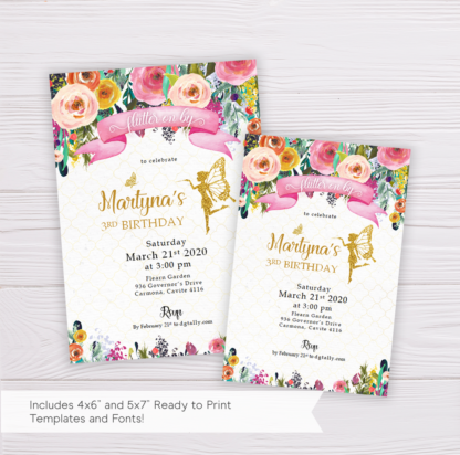 Gold Fairy Invitation Template with Colorful Watercolor Flowers/Floral