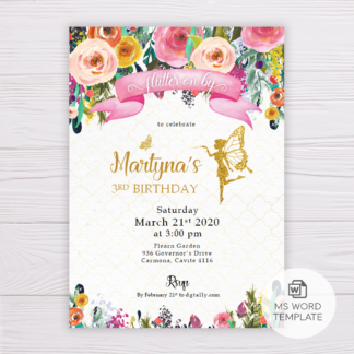 Gold Fairy Invitation Template with Colorful Watercolor Flowers/Floral