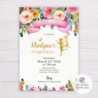 Gold Fairy Invitation Template with Colorful Watercolor Flowers/Floral