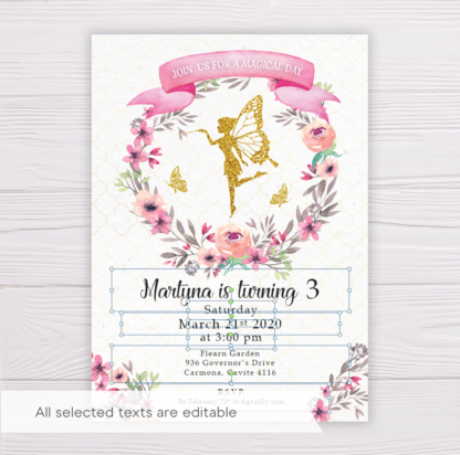 Gold Fairy Invitation Template with Watercolor Flowers/Floral Wreath