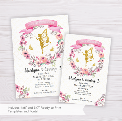 Gold Fairy Invitation Template with Watercolor Flowers/Floral Wreath