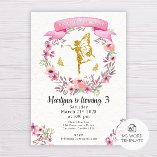 Gold Fairy Invitation Template with Watercolor Flowers/Floral Wreath