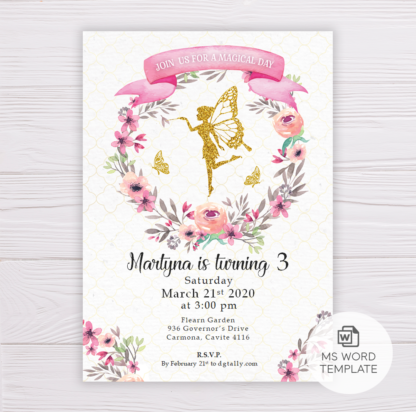 Gold Fairy Invitation Template with Watercolor Flowers/Floral Wreath