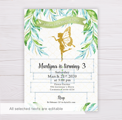 Gold Fairy Butterfly Invitation Template with Watercolor Leaves