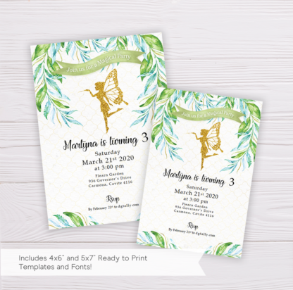 Gold Fairy Butterfly Invitation Template with Watercolor Leaves