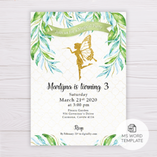 Gold Fairy Butterfly Invitation Template with Watercolor Leaves