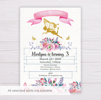 Gold Fairy Invitation Template with Watercolor Pink Flowers