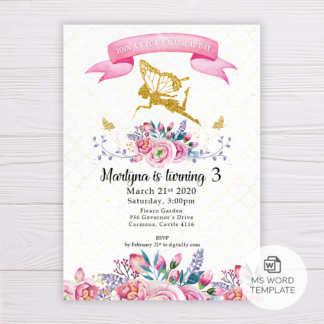 Gold Fairy Invitation Template with Watercolor Pink Flowers