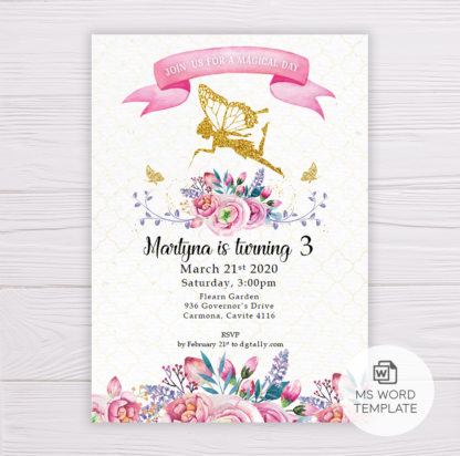 Gold Fairy Invitation Template with Watercolor Pink Flowers