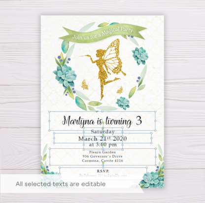 Gold Fairy Invitation with Watercolor Succulent