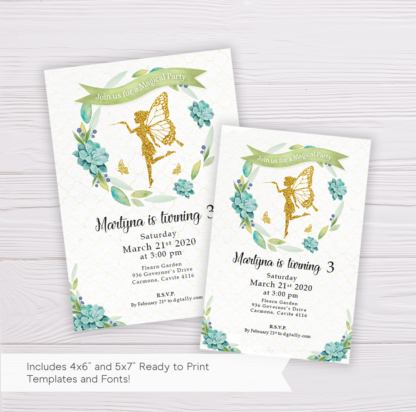 Gold Fairy Invitation with Watercolor Succulent