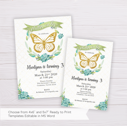 Gold Butterfly Invitation with Watercolor Succulent