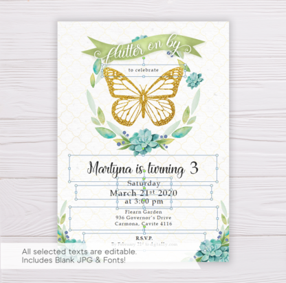 Gold Butterfly Invitation with Watercolor Succulent