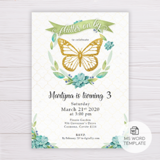 Gold Butterfly Invitation with Watercolor Succulent
