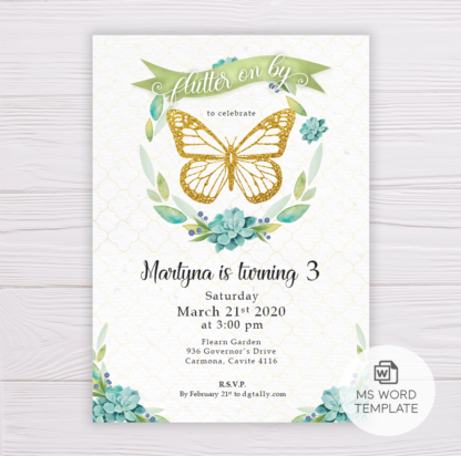 Gold Butterfly Invitation with Watercolor Succulent