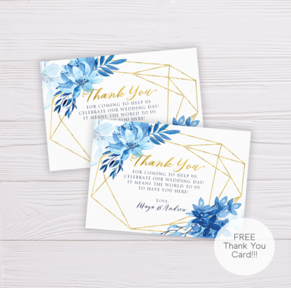 Light Blue Watercolor Flowers/Floral with Gold Frame Thank You Card Template