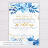 Light Blue Watercolor Flowers/Floral with Gold Frame Wedding Invitation Template