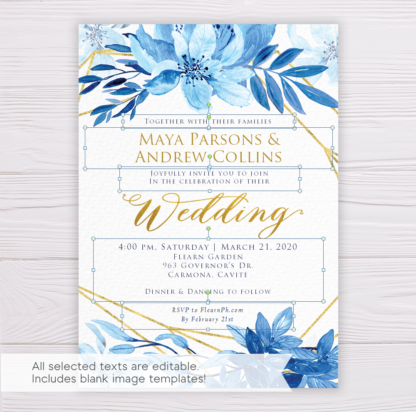 Light Blue Watercolor Flowers/Floral with Gold Frame Wedding Invitation Template