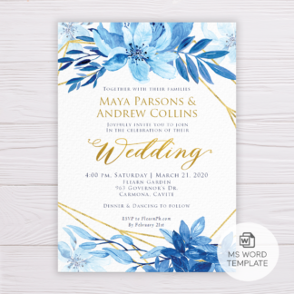 Light Blue Watercolor Flowers/Floral with Gold Frame Wedding Invitation Template