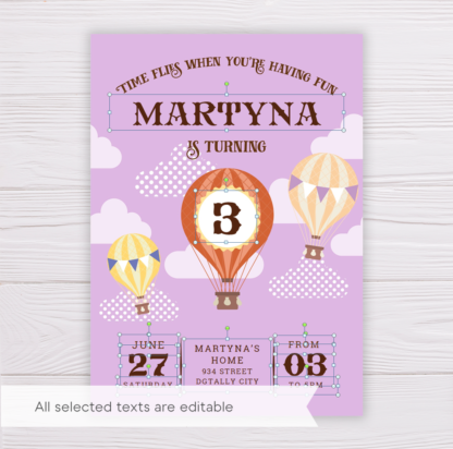Hot Air Balloon Invitation Template for Girls