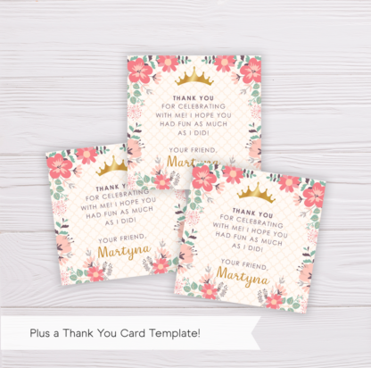 Pink Flowers/Floral Princess Thank You Card Template