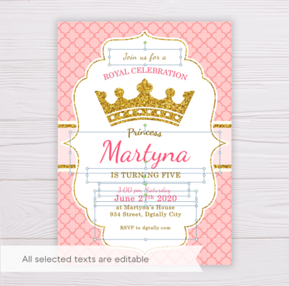 Pink Ornament & Gold Crown Princess Invitation Template