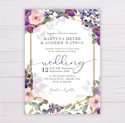 Purple & Blush Flowers Floral Wedding Invitation Set Template
