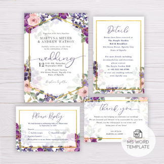 Purple & Blush Flowers Floral Wedding Invitation Set Template