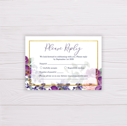 Purple & Blush Flowers Floral Wedding Invitation Set Template - RSVP Card