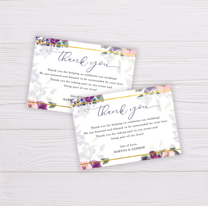 Purple & Blush Flowers Floral Wedding Invitation Set Template - Thank You Card