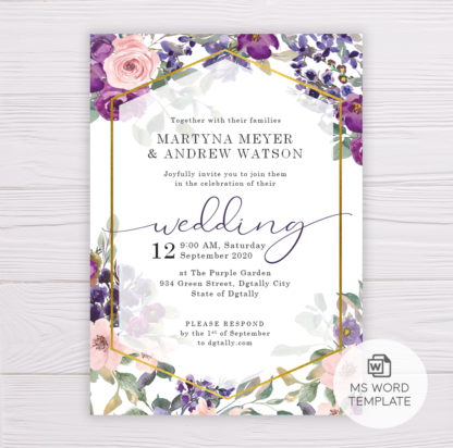 Purple & Blush Flowers Floral Wedding Invitation Template