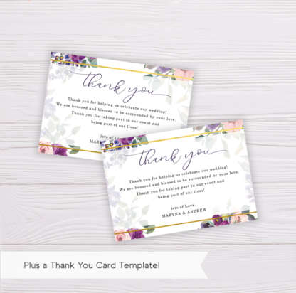 Purple & Blush Flowers Floral Wedding Thank You Card Template