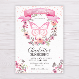 Butterfly Invitation with Watercolor Blush Floral Wreath