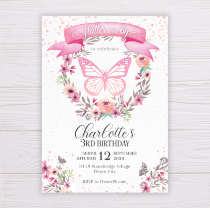 Butterfly Invitation with Watercolor Blush Floral Wreath