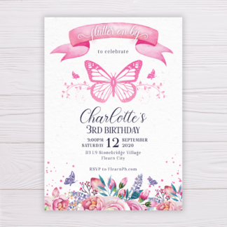 Butterfly Invitation with Watercolor Pink and Purple Flowers