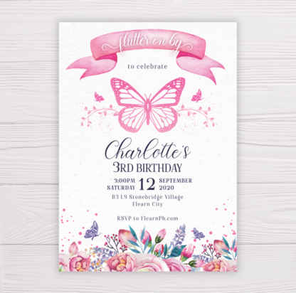 Butterfly Invitation with Watercolor Pink and Purple Flowers