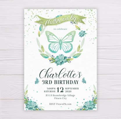 Butterfly Invitation with Watercolor Succulent Wreath