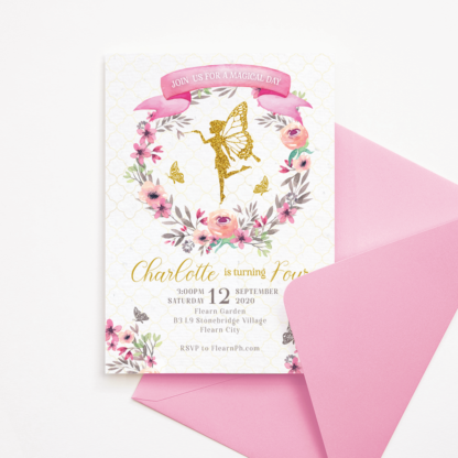 Gold Fairy Invitation with Blush Flowers/Floral Wreath