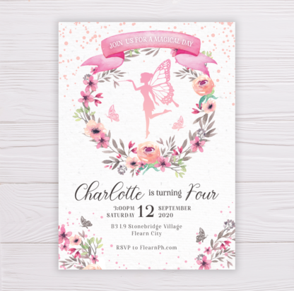 Fairy Invitation with Watercolor Blush Floral Wreath