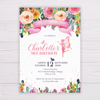 Fairy Invitation with Watercolor Colorful Flowers