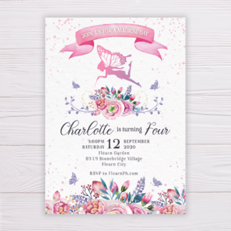 Fairy Invitation with Watercolor Pink and Purple Flowers