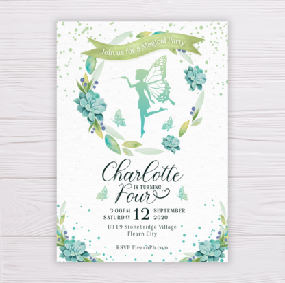 Fairy Invitation with Watercolor Succulent Wreath