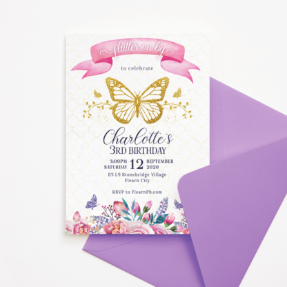 Gold Butterfly Invitation with Pink and Purple Flowers