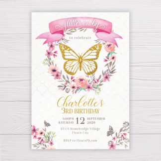 Gold Butterfly Invitation with Watercolor Blush Flowers Floral Wreath