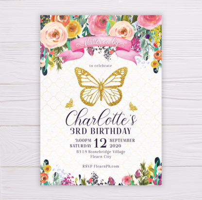 Gold Butterfly Invitation with Colorful Watercolor Flowers/Flora;
