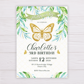 Gold Butterfly Invitation with Watercolor Leaves