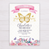 Gold Butterfly Invitation with Watercolor Pink and Purple Flowers